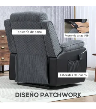 Sillón Relax Reclinable Eléctrico Levanta Personas con Mando a Distancia Puerto USB y Bolsillos Laterales Gris Oscuro