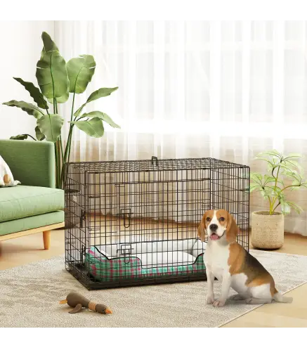 Jaula para Perros Plegable Transportín para Perros con 2 Puertas Bandeja Extraíble Asa de Transporte 90x57,5x62 cm Negro