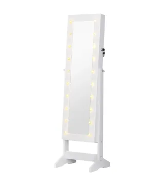 Espejo Joyero con 20 Luces LED Armario Joyero Reclinable con Guardajoyas Anillos Pendientes Collares 40x37x146 cm Blanco