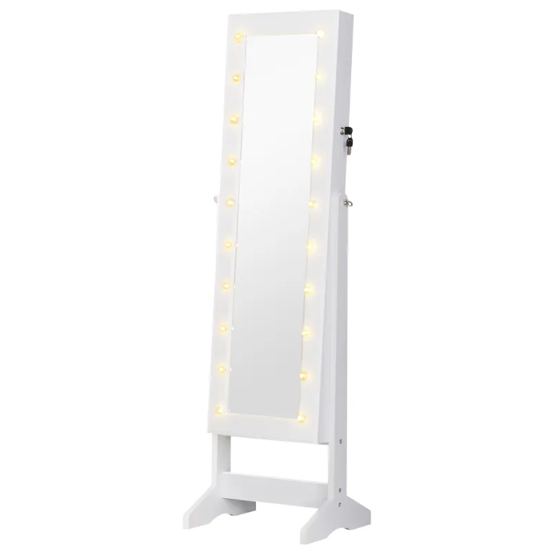 Espejo Joyero con 20 Luces LED Armario Joyero Reclinable con Guardajoyas Anillos Pendientes Collares 40x37x146 cm Blanco