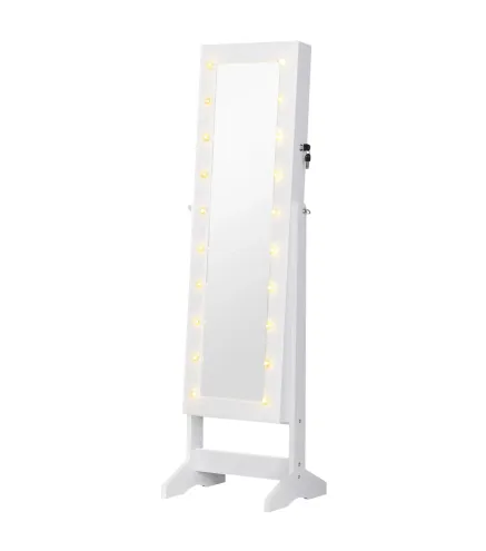Espejo Joyero con 20 Luces LED Armario Joyero Reclinable con Guardajoyas Anillos Pendientes Collares 40x37x146 cm Blanco