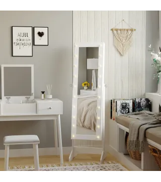 Espejo Joyero con 20 Luces LED Armario Joyero Reclinable con Guardajoyas Anillos Pendientes Collares 40x37x146 cm Blanco