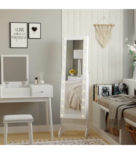 Espejo Joyero con 20 Luces LED Armario Joyero Reclinable con Guardajoyas Anillos Pendientes Collares 40x37x146 cm Blanco