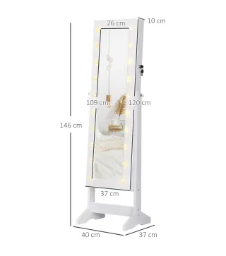 Espejo Joyero con 20 Luces LED Armario Joyero Reclinable con Guardajoyas Anillos Pendientes Collares 40x37x146 cm Blanco