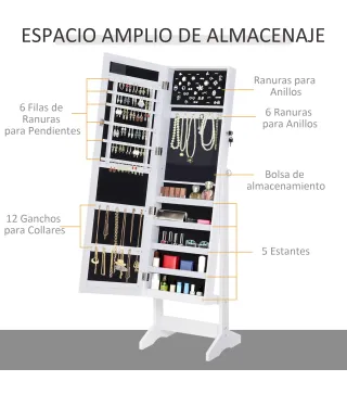 Espejo Joyero con 20 Luces LED Armario Joyero Reclinable con Guardajoyas Anillos Pendientes Collares 40x37x146 cm Blanco