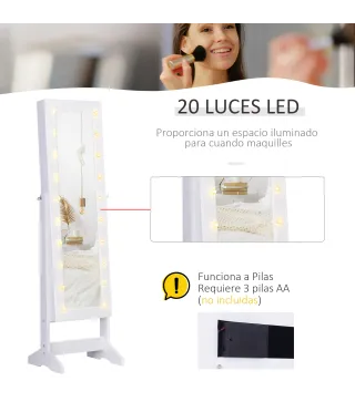 Espejo Joyero con 20 Luces LED Armario Joyero Reclinable con Guardajoyas Anillos Pendientes Collares 40x37x146 cm Blanco