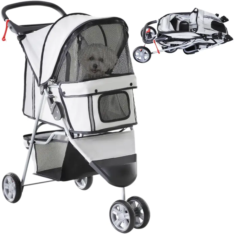 Carrito para Perros Pequeños con Cesta de Almacenaje Ventanas de Malla y 2 Ruedas Universales 75x45x97 cm Gris