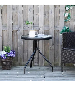 Mesa de Jardín Redonda Mesa de Café Exterior con Tablero de Cristal Decorativo y Marco de Metal para Patio Terraza Balcón Ø50x55