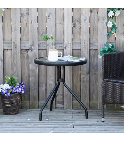 Mesa de Jardín Redonda Mesa de Café Exterior con Tablero de Cristal Decorativo y Marco de Metal para Patio Terraza Balcón Ø50x55