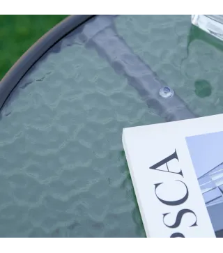 Mesa de Jardín Redonda Mesa de Café Exterior con Tablero de Cristal Decorativo y Marco de Metal para Patio Terraza Balcón Ø50x55