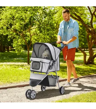 Carrito para Perros Pequeños con Cesta de Almacenaje Ventanas de Malla y 2 Ruedas Universales 75x45x97 cm Gris