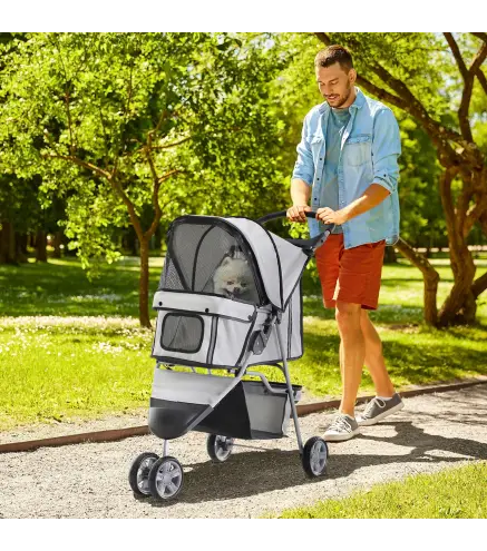 Carrito para Perros Pequeños con Cesta de Almacenaje Ventanas de Malla y 2 Ruedas Universales 75x45x97 cm Gris