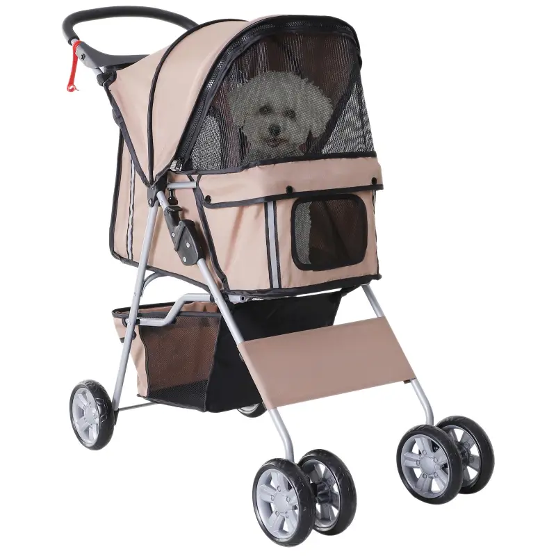 Carrito para Perros Pequeños con Toldo Ajustable Cesta de Almacenaje Portavasos y 2 Ruedas Universales 75x45x97 cm Café