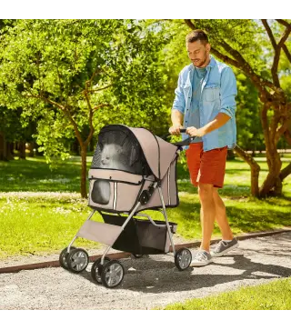 Carrito para Perros Pequeños con Toldo Ajustable Cesta de Almacenaje Portavasos y 2 Ruedas Universales 75x45x97 cm Café