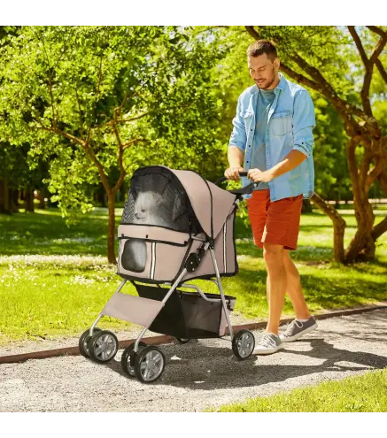 Carrito para Perros Pequeños con Toldo Ajustable Cesta de Almacenaje Portavasos y 2 Ruedas Universales 75x45x97 cm Café