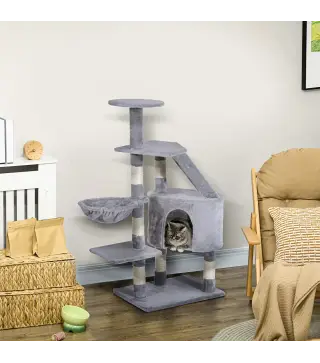 Torre para Gatos 55x40x125 cm con Postes Escalera Cueva Espaciosa Hamaca y Varias Plataformas Gris