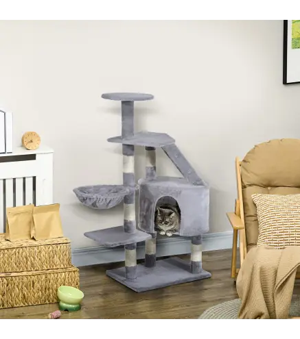Torre para Gatos 55x40x125 cm con Postes Escalera Cueva Espaciosa Hamaca y Varias Plataformas Gris
