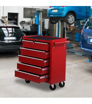 Carro caja de herramientas taller movil con 5 cajones 4 ruedas chapa de Acero Rojo