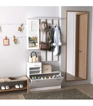 Recibidor de Entrada con Espejo Perchero y Zapatero Mueble de Recibidor de 2 Piezas con 6 Ganchos Estantes y Cajón Abatible para