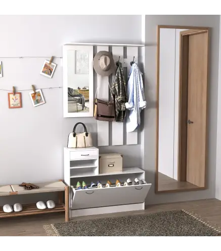 Recibidor de Entrada con Espejo Perchero y Zapatero Mueble de Recibidor de 2 Piezas con 6 Ganchos Estantes y Cajón Abatible para