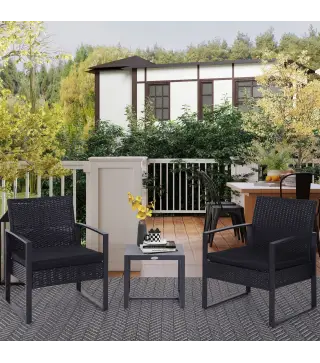 Conjunto de Mesa y Sillas de Jardín para Exterior Incluye 2 Sillones y 1 Mesa de Centro de Vidrio Negro