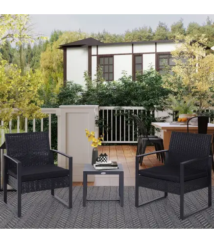 Conjunto de Mesa y Sillas de Jardín para Exterior Incluye 2 Sillones y 1 Mesa de Centro de Vidrio Negro