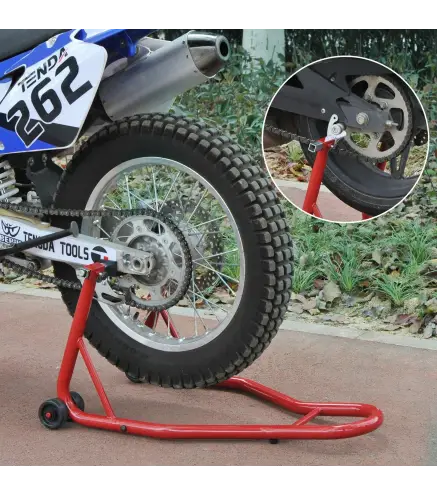 Caballete de Moto Soporte Posterior Universal Portátil y Móvil Tipo Elevador de Acero con 2 Horquillas y Ruedas 80x50x40 cm Colo