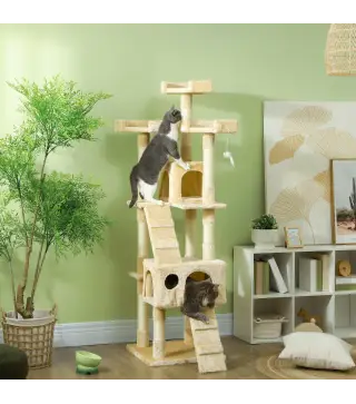 Árbol Rascador para Gatos, Árbol para Gatos 173 cm, Torre Escalador con 2 Cuevas, 3 Camas, 2 Rampas, Postes de Sisal, 2 Ratones