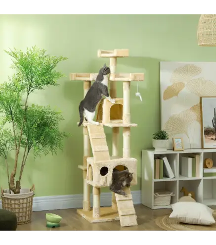 Árbol Rascador para Gatos, Árbol para Gatos 173 cm, Torre Escalador con 2 Cuevas, 3 Camas, 2 Rampas, Postes de Sisal, 2 Ratones