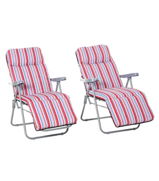 2 Tumbonas de Jardín de Acero con Cojín Acolchado Respaldo Ajustable y Reposapiés 60x75x65-102 cm Rayas Rojo