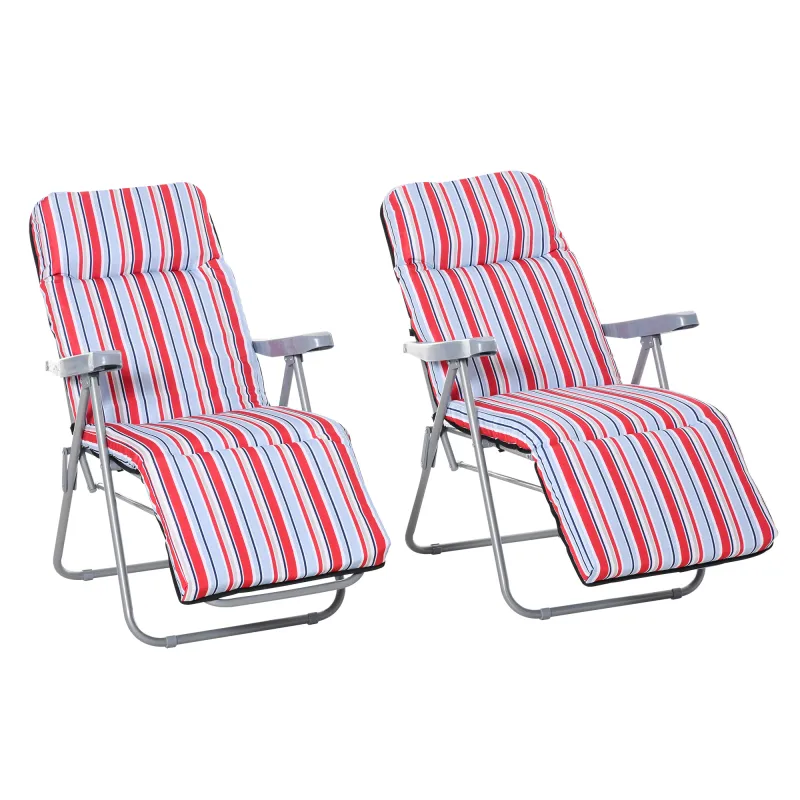 2 Tumbonas de Jardín de Acero con Cojín Acolchado Respaldo Ajustable y Reposapiés 60x75x65-102 cm Rayas Rojo