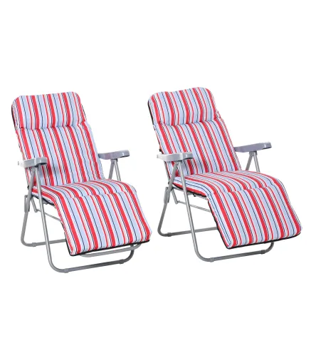 2 Tumbonas de Jardín de Acero con Cojín Acolchado Respaldo Ajustable y Reposapiés 60x75x65-102 cm Rayas Rojo