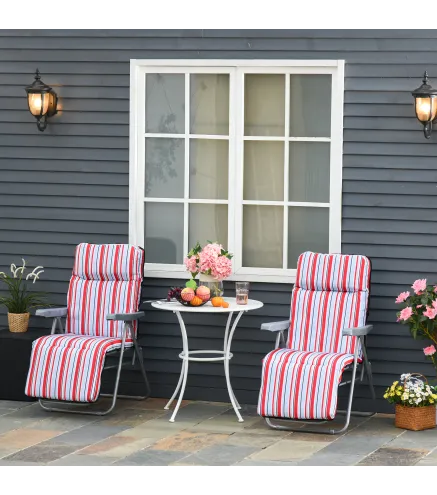 2 Tumbonas de Jardín de Acero con Cojín Acolchado Respaldo Ajustable y Reposapiés 60x75x65-102 cm Rayas Rojo
