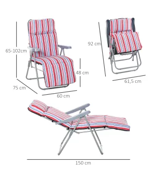 2 Tumbonas de Jardín de Acero con Cojín Acolchado Respaldo Ajustable y Reposapiés 60x75x65-102 cm Rayas Rojo