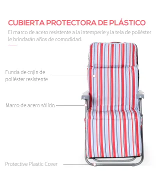 2 Tumbonas de Jardín de Acero con Cojín Acolchado Respaldo Ajustable y Reposapiés 60x75x65-102 cm Rayas Rojo
