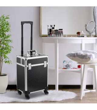 Maleta de Maquillaje Profesional con Ruedas Mango 2 Bandejas Compartimento Inferior Negro