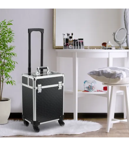 Maleta de Maquillaje Profesional con Ruedas Mango 2 Bandejas Compartimento Inferior Negro