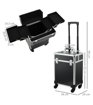 Maleta de Maquillaje Profesional con Ruedas Mango 2 Bandejas Compartimento Inferior Negro