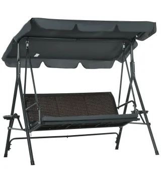 Columpio de Jardín de 3 Plazas con Toldo Ajustable Portavasos y Bandejas Carga 320 kg 204x112x150 cm Gris