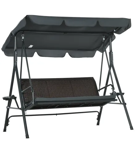 Columpio de Jardín de 3 Plazas con Toldo Ajustable Portavasos y Bandejas Carga 320 kg 204x112x150 cm Gris