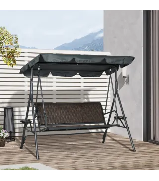 Columpio de Jardín de 3 Plazas con Toldo Ajustable Portavasos y Bandejas Carga 320 kg 204x112x150 cm Gris