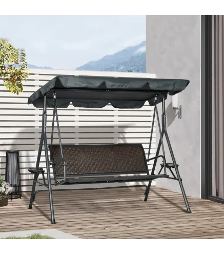 Columpio de Jardín de 3 Plazas con Toldo Ajustable Portavasos y Bandejas Carga 320 kg 204x112x150 cm Gris