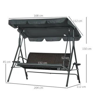 Columpio de Jardín de 3 Plazas con Toldo Ajustable Portavasos y Bandejas Carga 320 kg 204x112x150 cm Gris