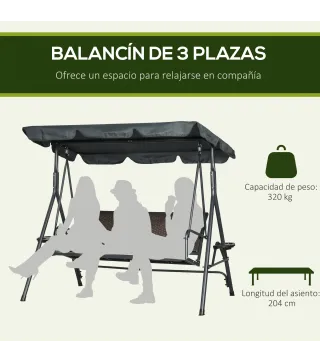 Columpio de Jardín de 3 Plazas con Toldo Ajustable Portavasos y Bandejas Carga 320 kg 204x112x150 cm Gris