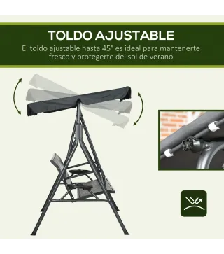 Columpio de Jardín de 3 Plazas con Toldo Ajustable Portavasos y Bandejas Carga 320 kg 204x112x150 cm Gris