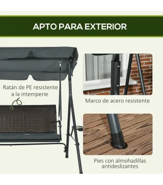 Columpio de Jardín de 3 Plazas con Toldo Ajustable Portavasos y Bandejas Carga 320 kg 204x112x150 cm Gris