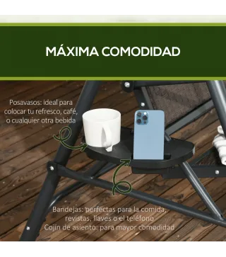 Columpio de Jardín de 3 Plazas con Toldo Ajustable Portavasos y Bandejas Carga 320 kg 204x112x150 cm Gris