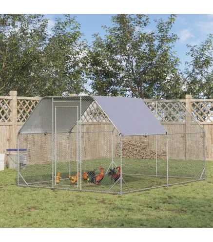 Gallinero para Exterior Grande 2,8x3,8x1,95 m Jaula de Gallinas de 2 Habitaciones Cubierta de Tela Oxford Anti-UV Plata