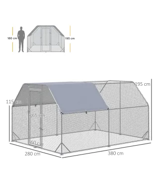 Gallinero para Exterior Grande 2,8x3,8x1,95 m Jaula de Gallinas de 2 Habitaciones Cubierta de Tela Oxford Anti-UV Plata