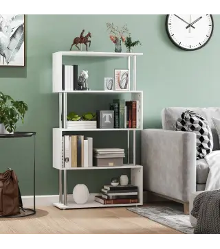 Librería en Forma S Estantería para Libros de 4 Niveles Mueble Estantería para Salón Oficina Estudio 80x30x145 cm Blanco